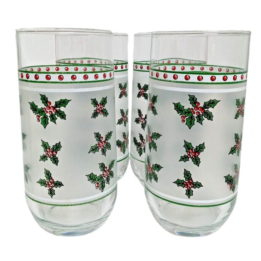 🫗🎄🟢❤️4 Vintage Holly Berry Christmas Frosted Glass Tumblers Holiday Glassware